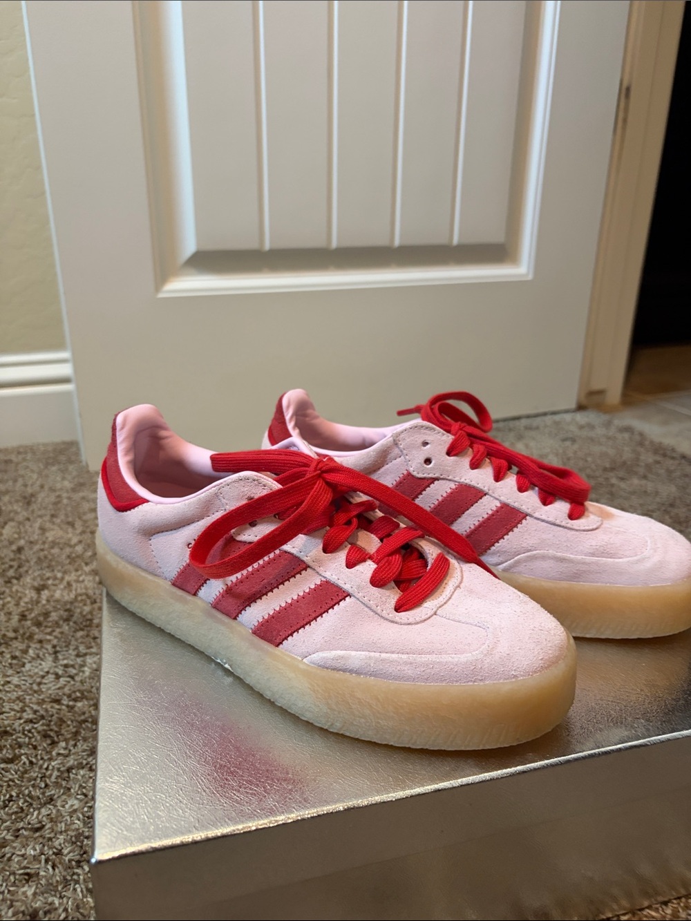adidas Pink Suede Sneakers with Red Stripes